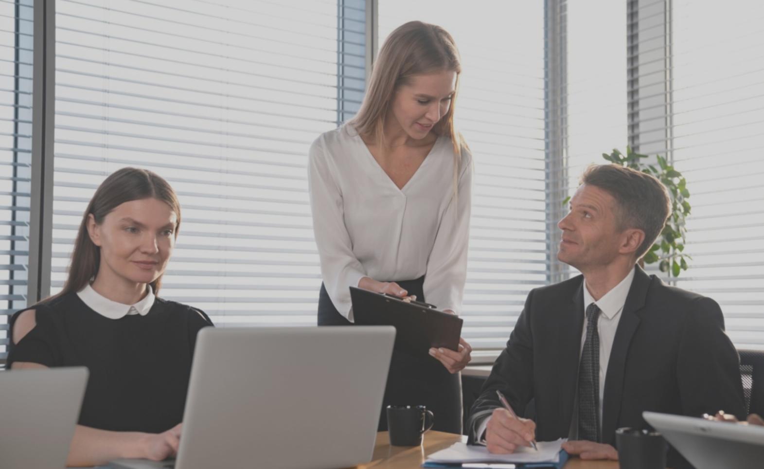 Consultant presenting budget analysis to management team